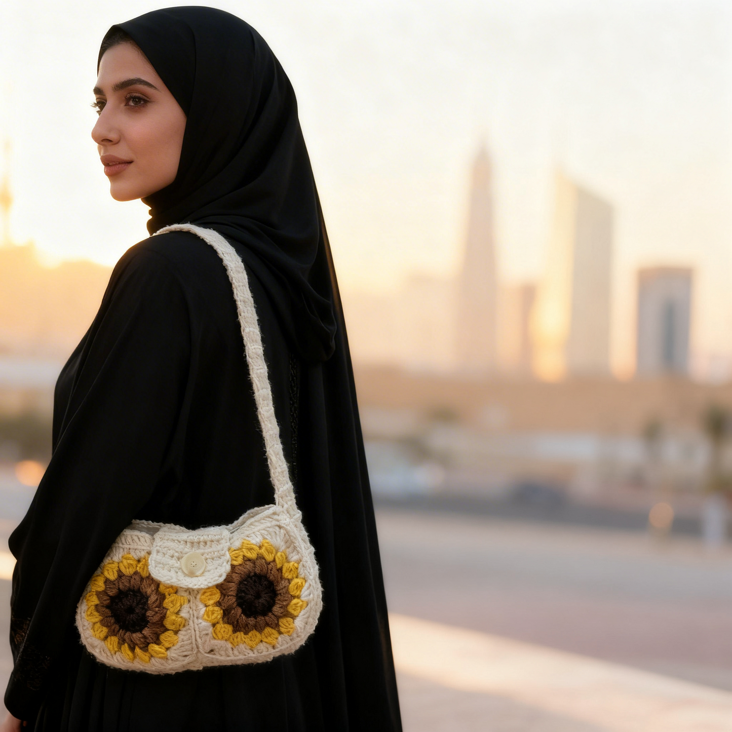 حقيبة كتف مستطيلة الشكل مصنوعة يدويًا على شكل دوار الشمس