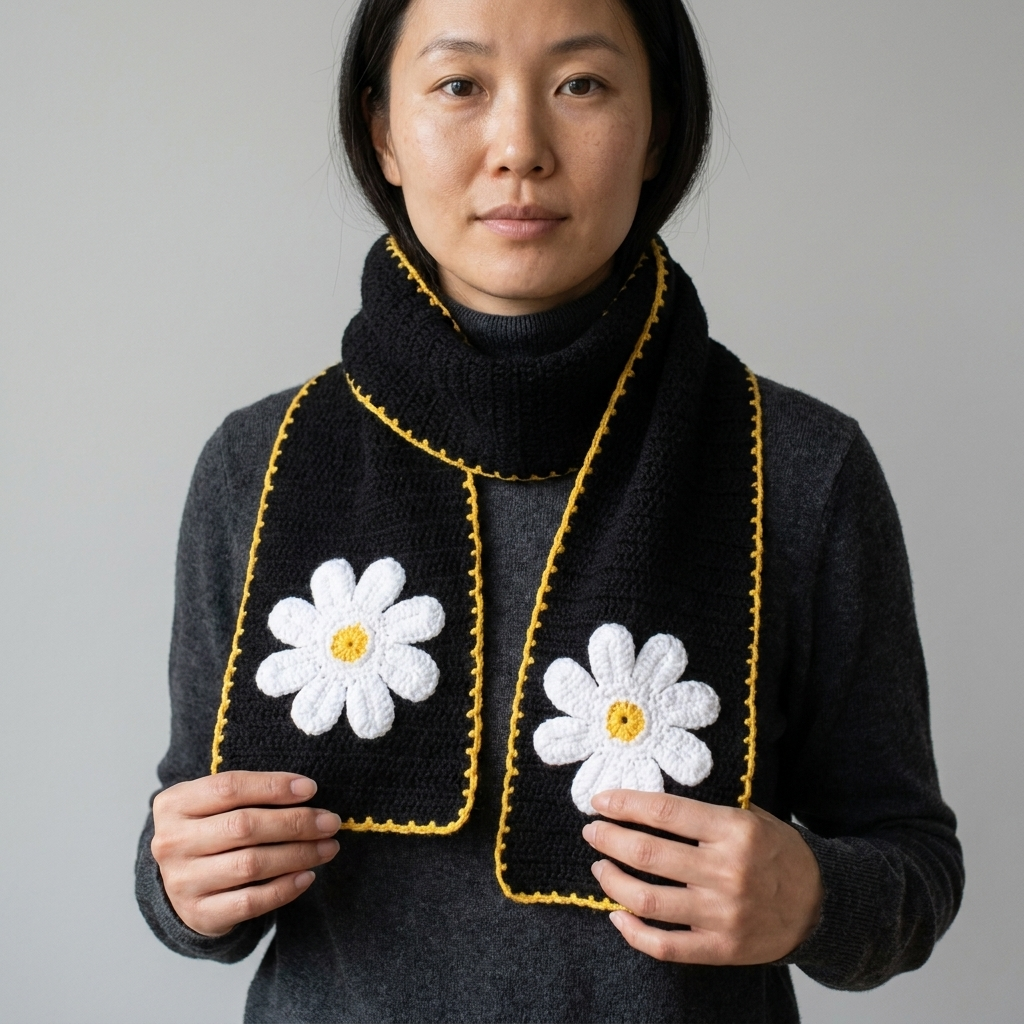 Hand Crocheted Daisy Scarf Black with Mustard Edging