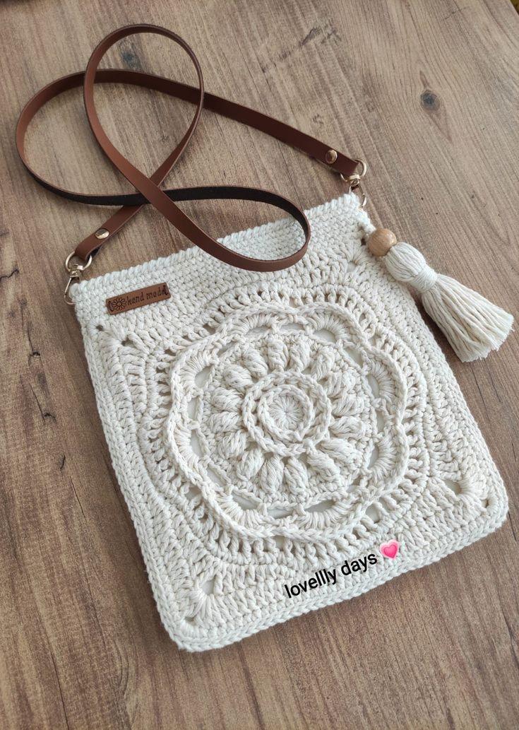 Hand Crochet Crossbody White Bag with Belt