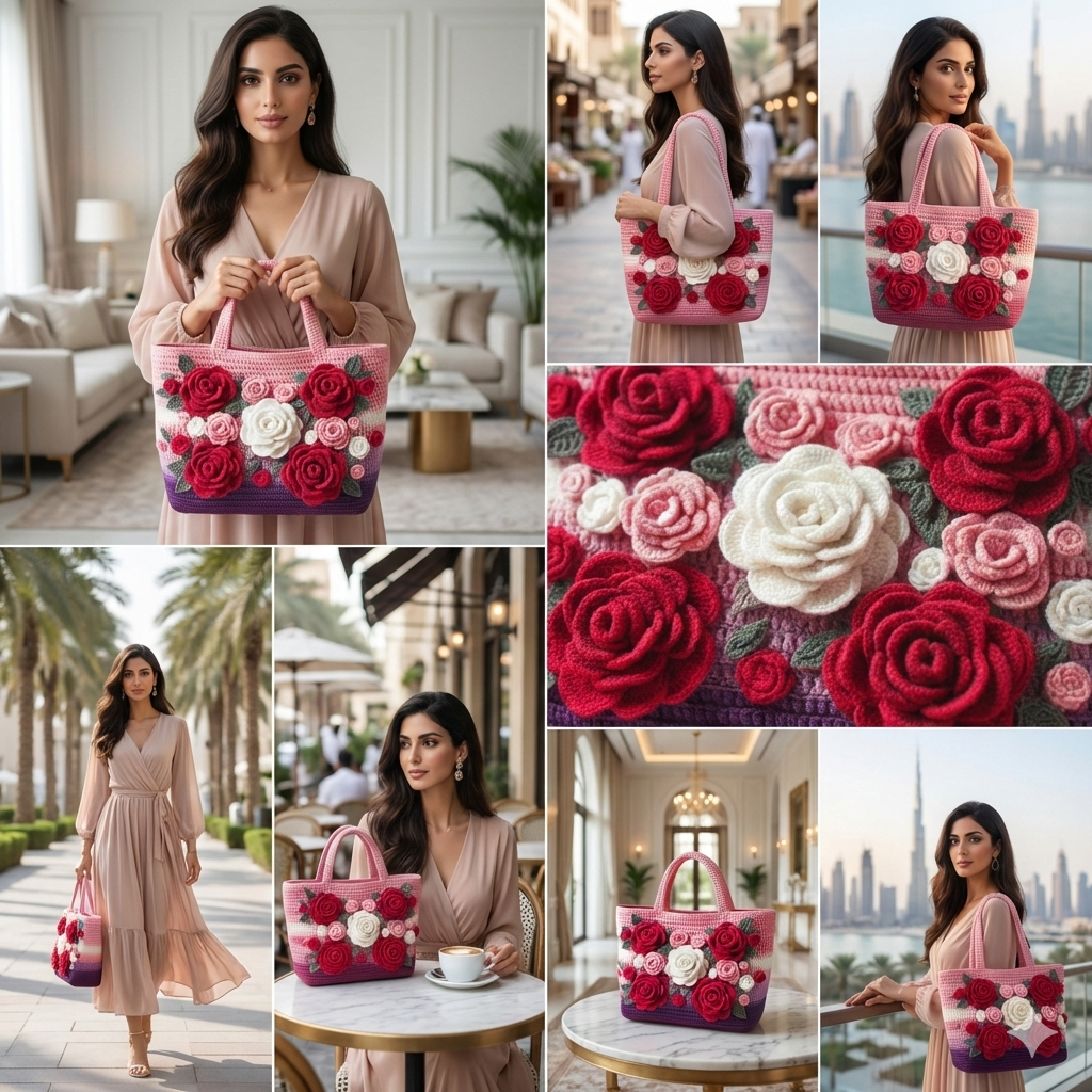 Hand Crochet Rose Hand Bag