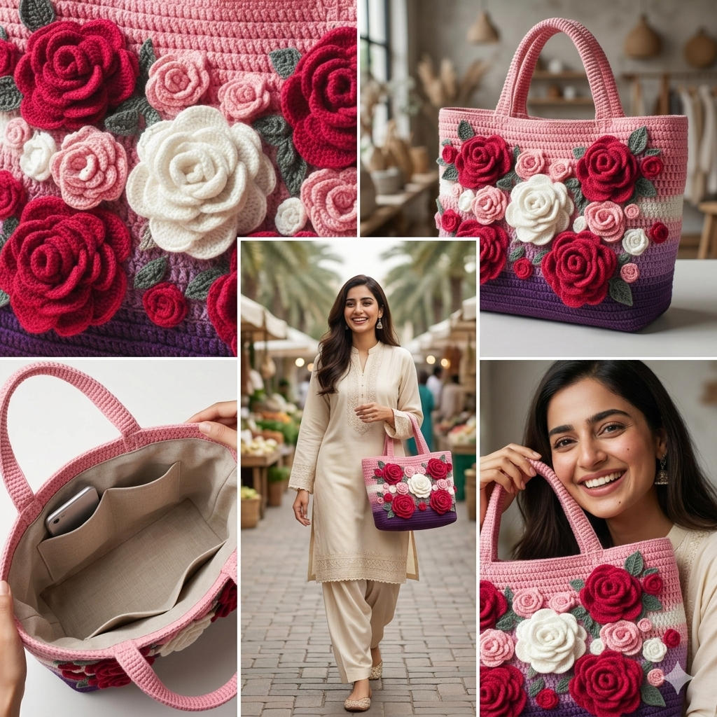 Hand Crochet Rose Hand Bag