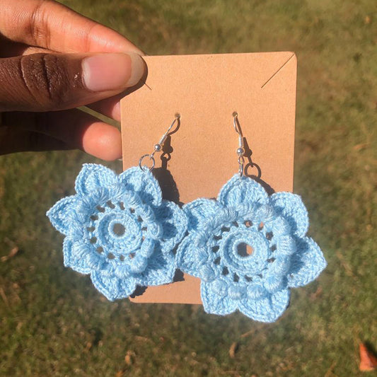 Hand Crocheted Aqua Blue Flower Earrings