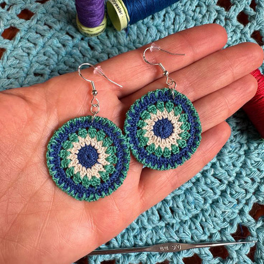 Hand Crocheted Aqua Shades Round Earrings