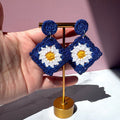 Hand Crocheted Blue Square With Daisy Earrings