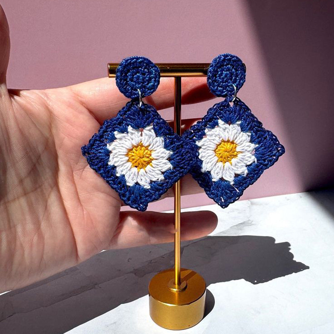 Hand Crocheted Blue Square With Daisy Earrings