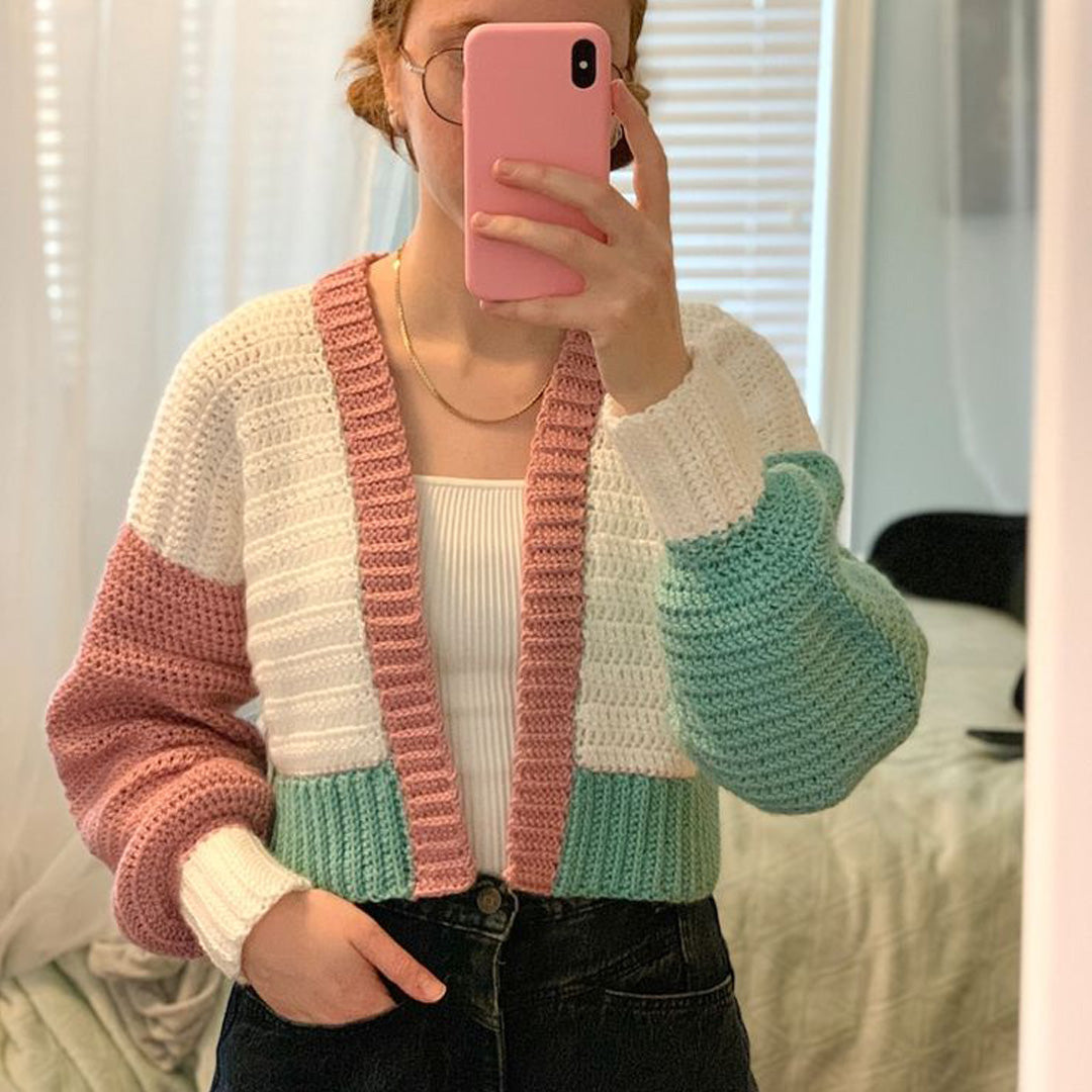 Hand Crocheted Color Block Cropped Cardigan