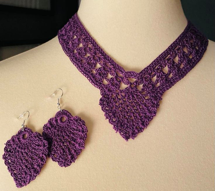 Hand Crocheted Purple Earrings and Necklace Set