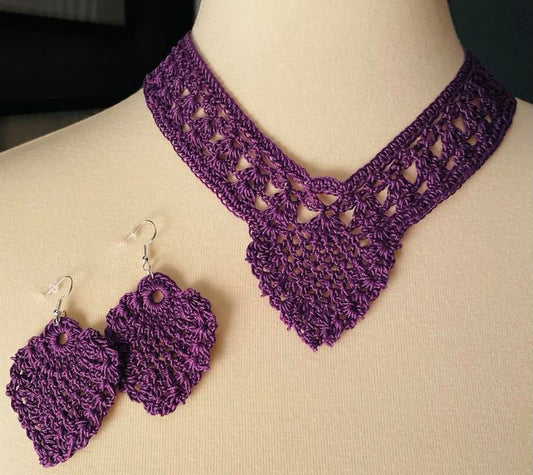 Hand Crocheted Purple Earrings and Necklace Set
