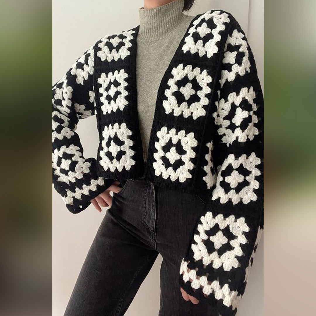 Hand Crocheted Black & White Floral Square Cardigan