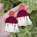 Hand Crocheted Maroon Earrings with White Tassels