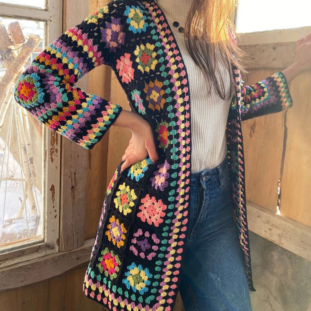 Hand Crocheted Multicolor Long Cardigan