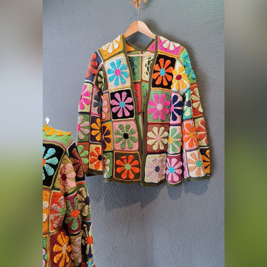 Hand Crocheted Multicolor Squares Jacket