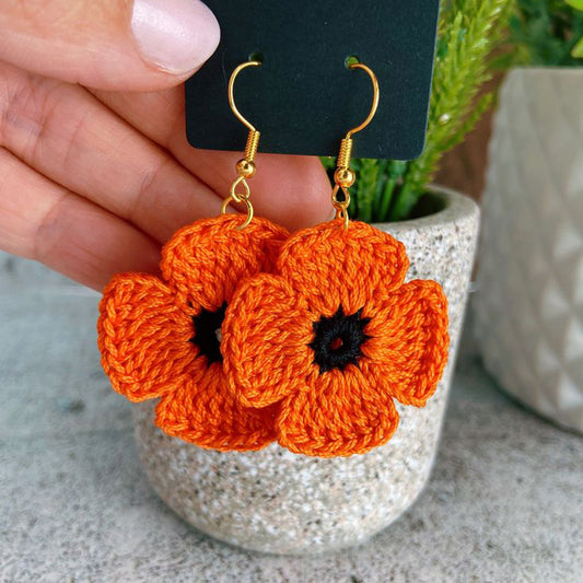 Hand Crocheted Orange Flowers Earrings