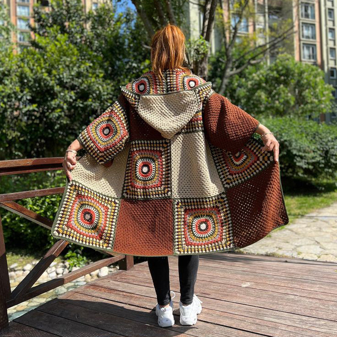 Hand Crocheted Oversized Hippie Coat with Hoodie – Brown Shades