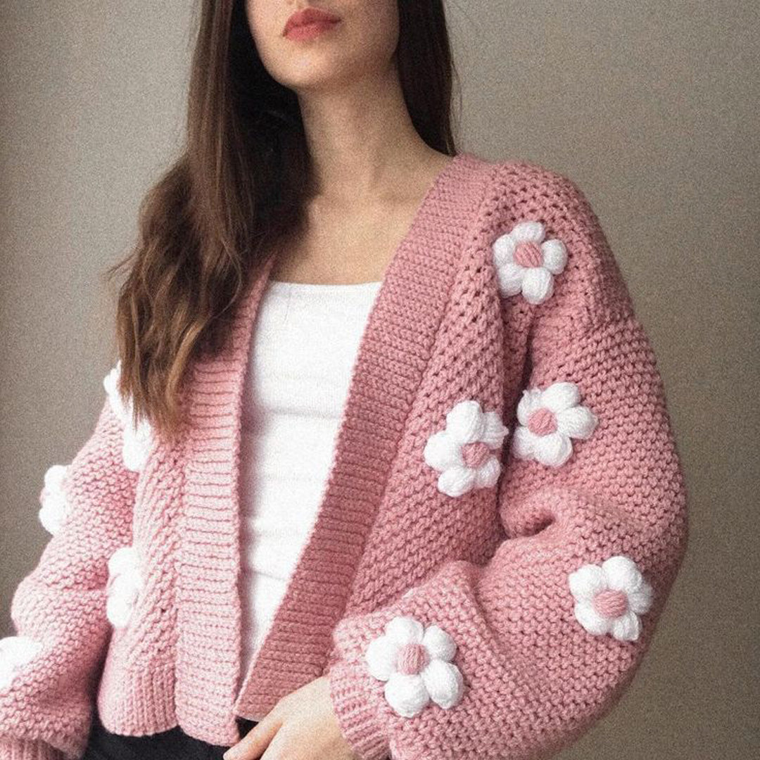Hand Crocheted Pink Cardigan with White Daisy Flowers