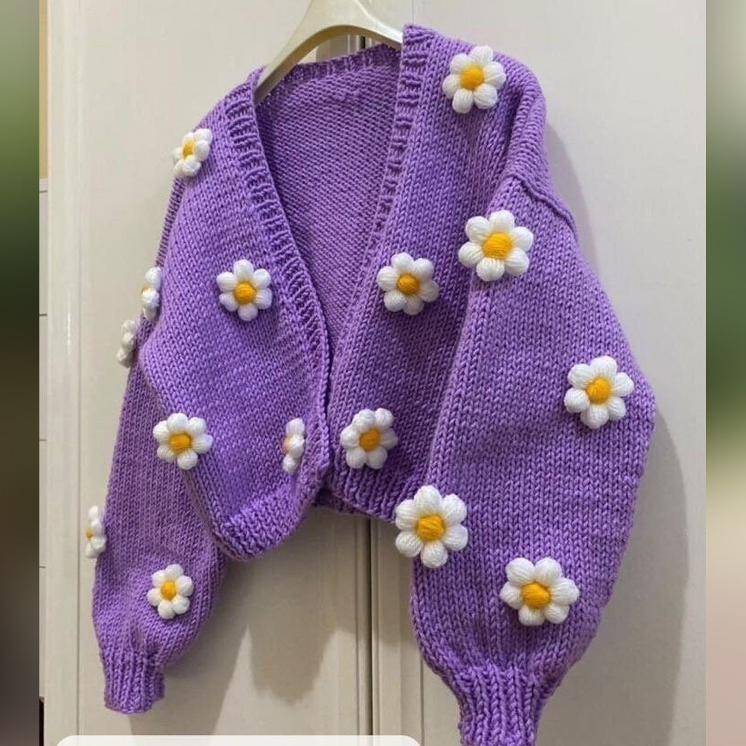 Hand Crocheted Purple Daisy Flower Cropped Cardigan