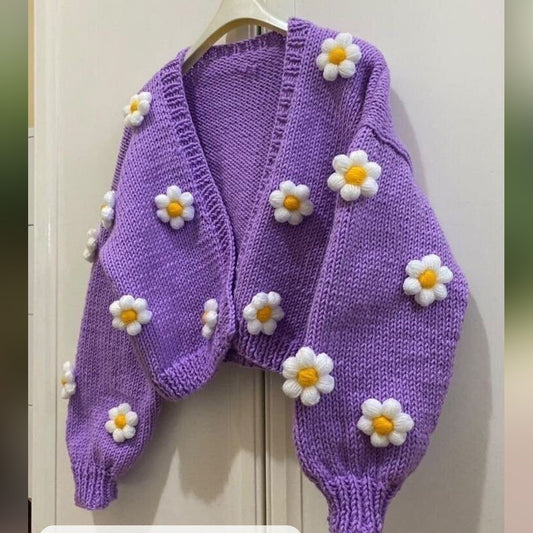 Hand Crocheted Purple Daisy Flower Cropped Cardigan