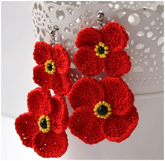 Hand Crocheted Red Flowers Earrings