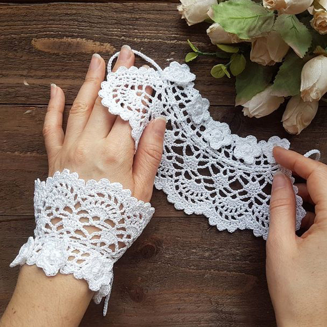 Hand Crocheted White Cuff Bracelets - Pair