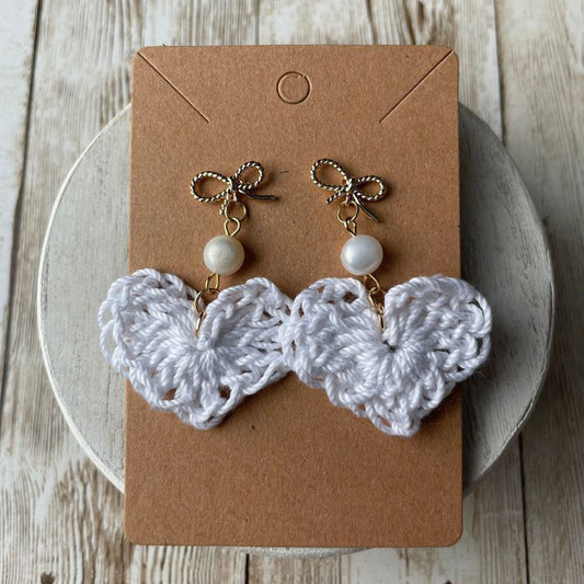 Hand Crocheted White Heart Earrings