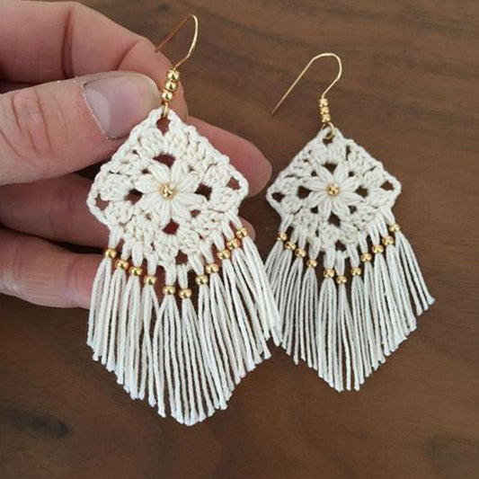 Hand Crocheted White Square Earrings with Tassels