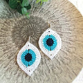 Hand Crocheted White and Aqua Blue Earrings