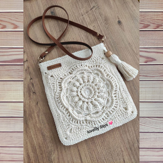 Hand Crochet Crossbody White Bag with Belt