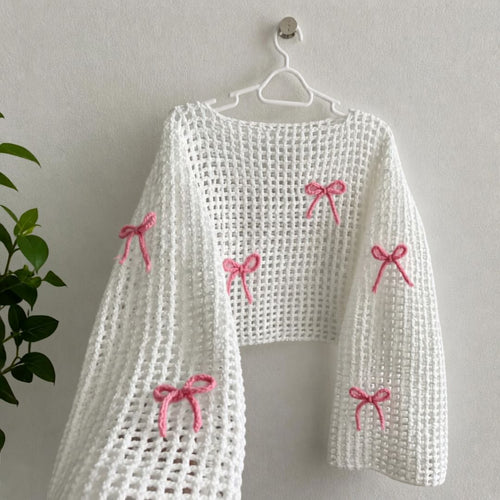 Hand Crocheted Mesh Bow Top White with Pink Bows