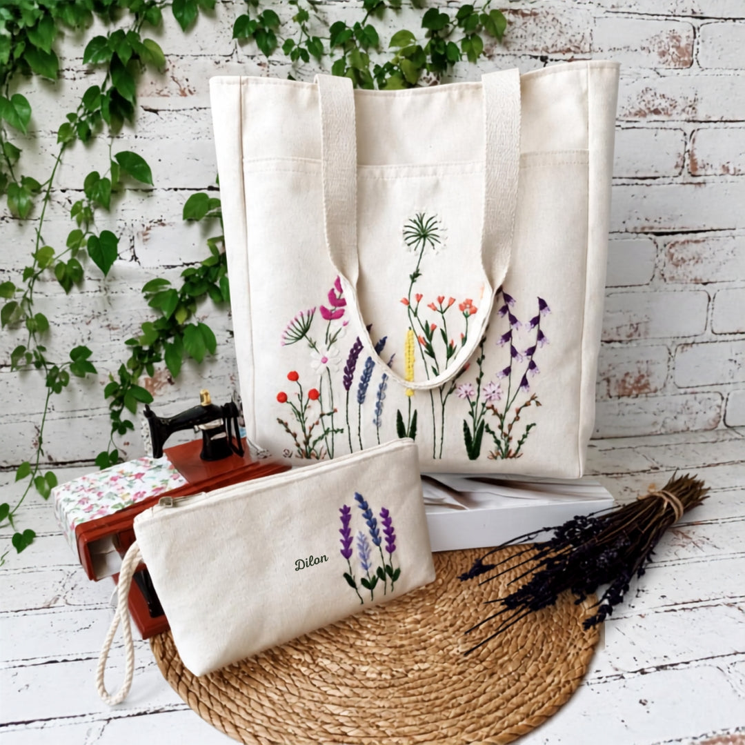 Hand Embroidered Wildflower Tote & Pouch Set
