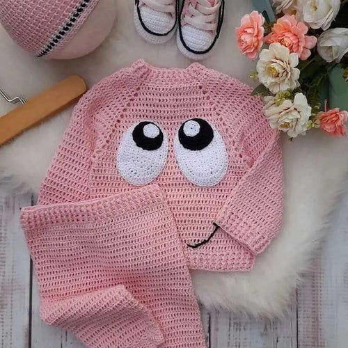 طقم سترة وبيجامة محبوك يدويًا للبنات (4-5 سنوات)