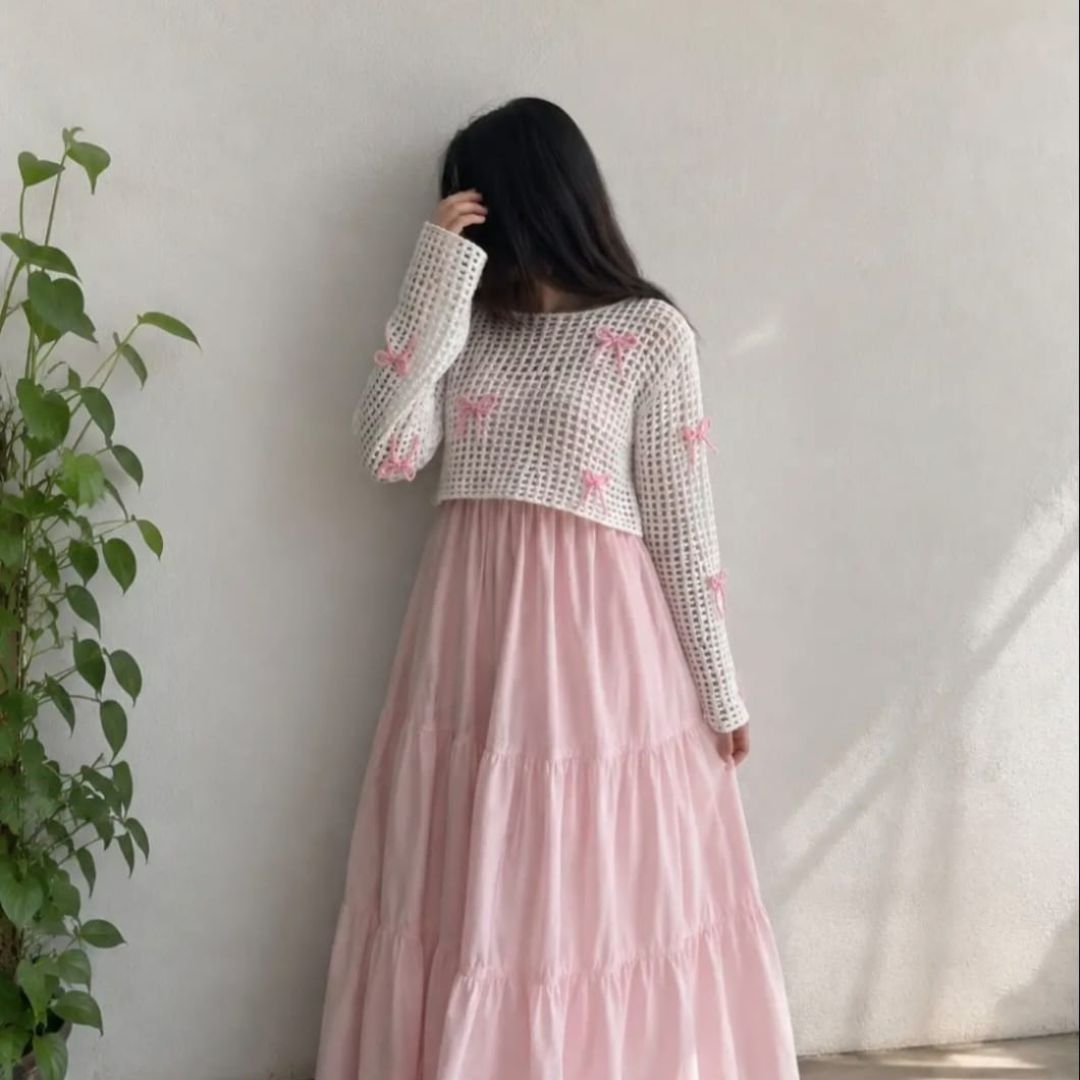 Hand Crocheted Mesh Bow Top White with Pink Bows