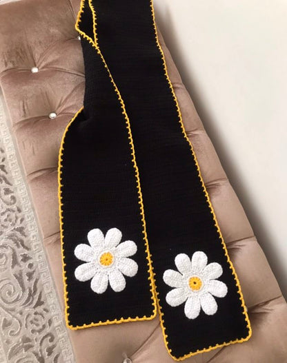 Hand Crocheted Daisy Scarf Black with Mustard Edging