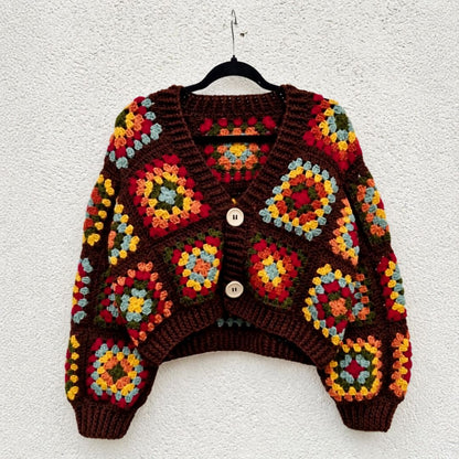 Hand Crocheted Granny Square Cardigan Chocolate Brown, Cropped