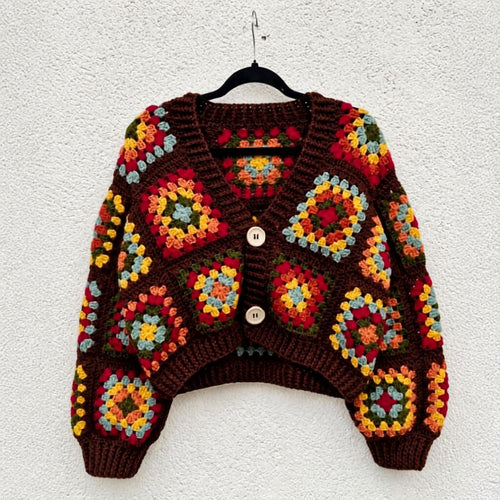 Hand Crocheted Granny Square Cardigan Chocolate Brown, Cropped