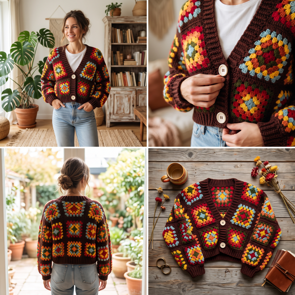 Hand Crocheted Granny Square Cardigan Chocolate Brown, Cropped