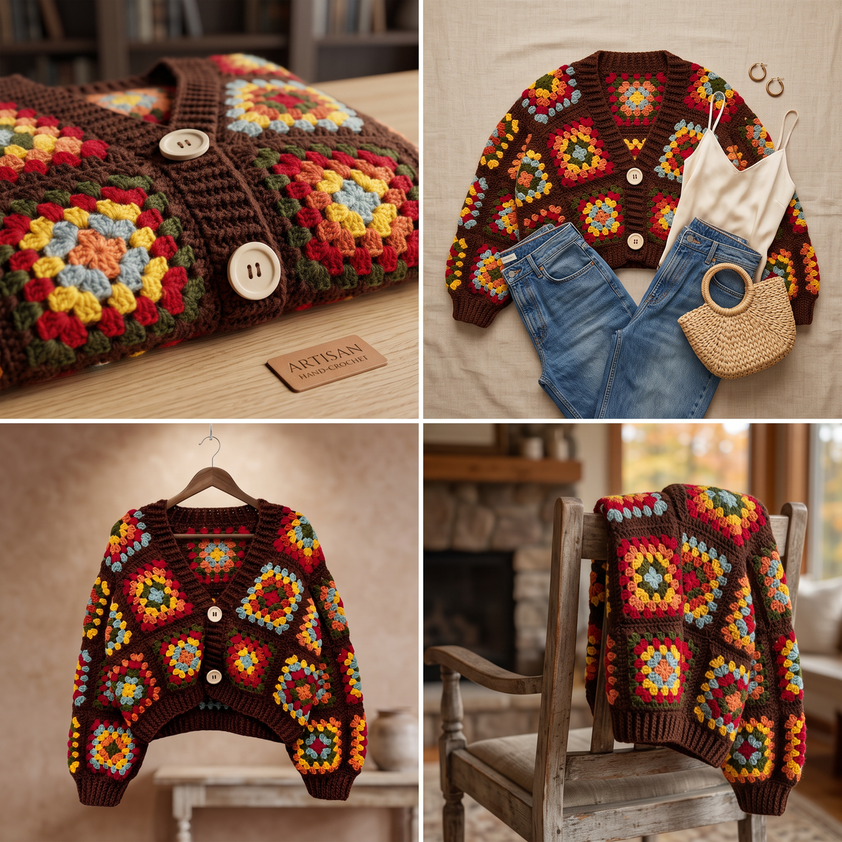 Hand Crocheted Granny Square Cardigan Chocolate Brown, Cropped