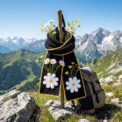 Hand Crocheted Daisy Scarf Black with Mustard Edging