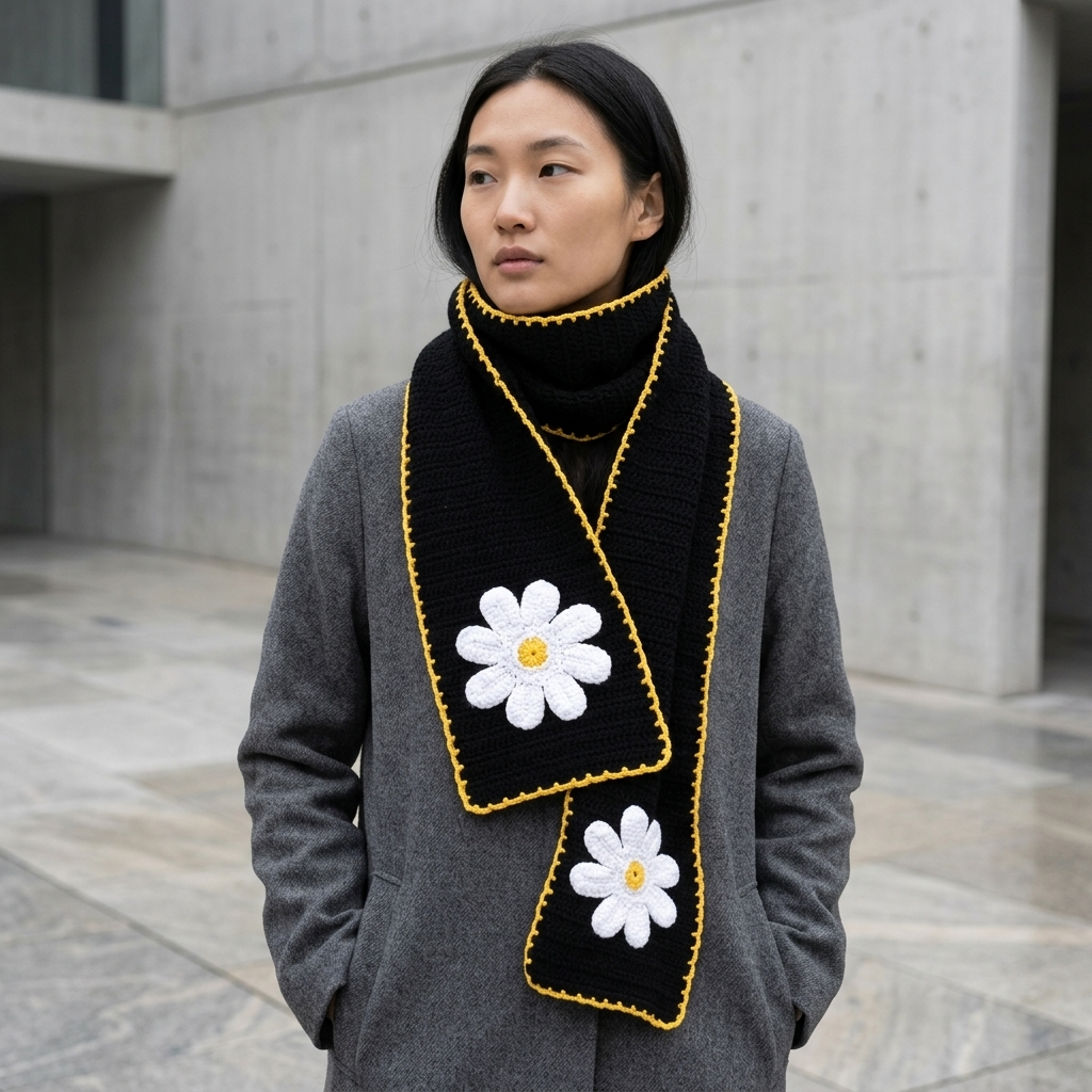 Hand Crocheted Daisy Scarf Black with Mustard Edging