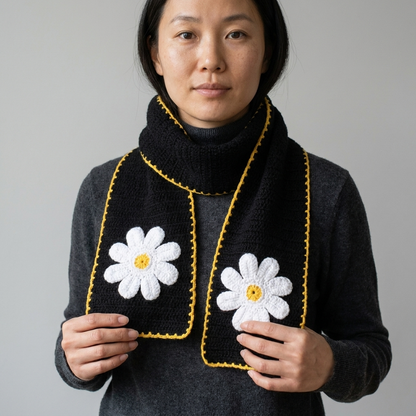 Hand Crocheted Daisy Scarf Black with Mustard Edging