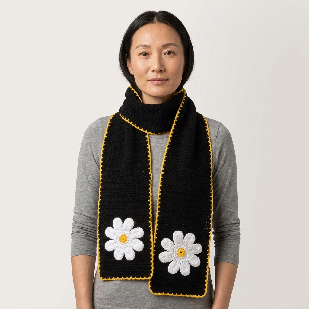 Hand Crocheted Daisy Scarf Black with Mustard Edging