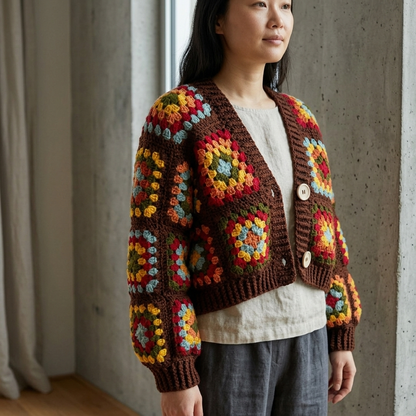 Hand Crocheted Granny Square Cardigan Chocolate Brown, Cropped