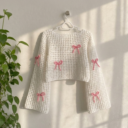 Hand Crocheted Mesh Bow Top White with Pink Bows