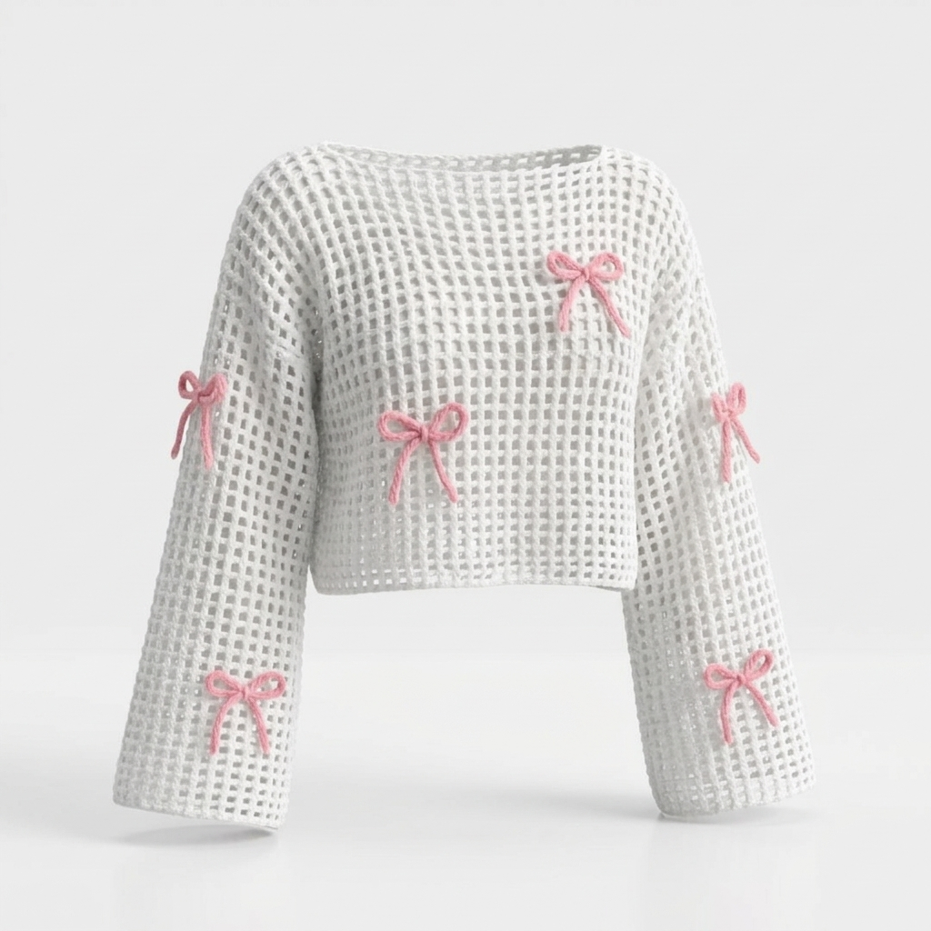 Hand Crocheted Mesh Bow Top White with Pink Bows