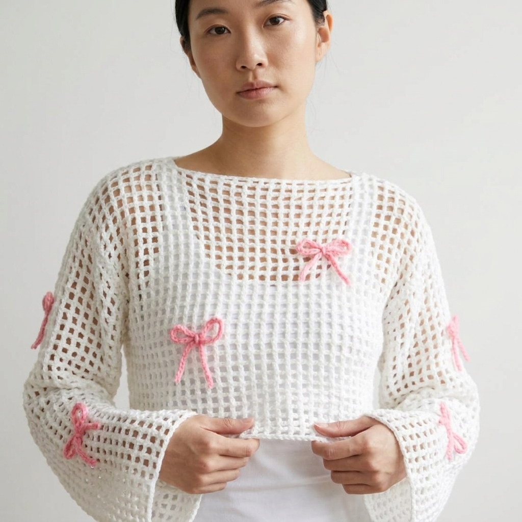 Hand Crocheted Mesh Bow Top White with Pink Bows